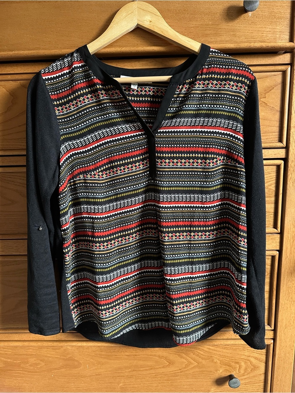 Bohemian Retro Mixed Material Multicolor Black Womens Top Size M 70’s Inspired